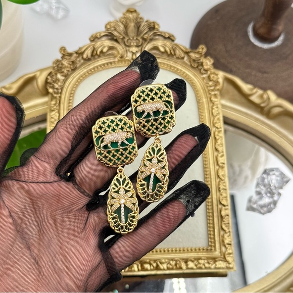Statement Panther & Palm Drop Earrings – Gold/Green - Picture 10 of 10